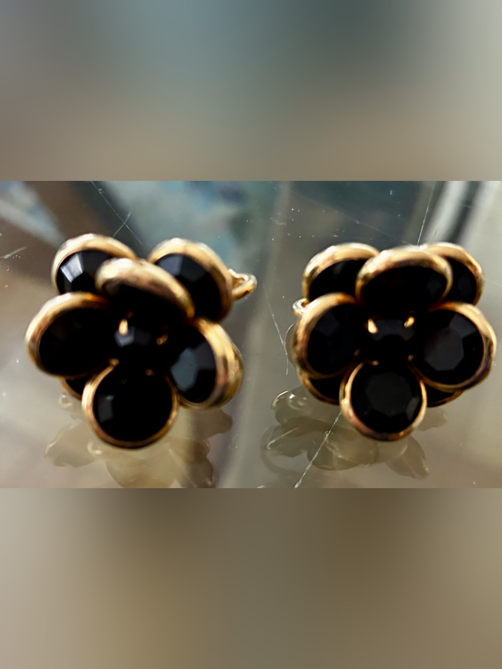 Gold Floral Black Stone Clip-On Earrings